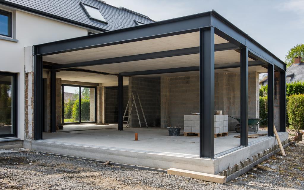 Aanbouw in ruwbouwfase met zwart stalen structuur