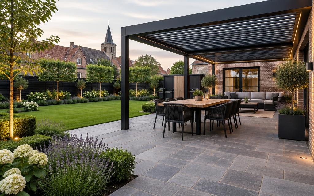 Vernieuwd terras met zwarte pergola