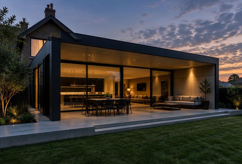 Moderne aanbouw bij valavond