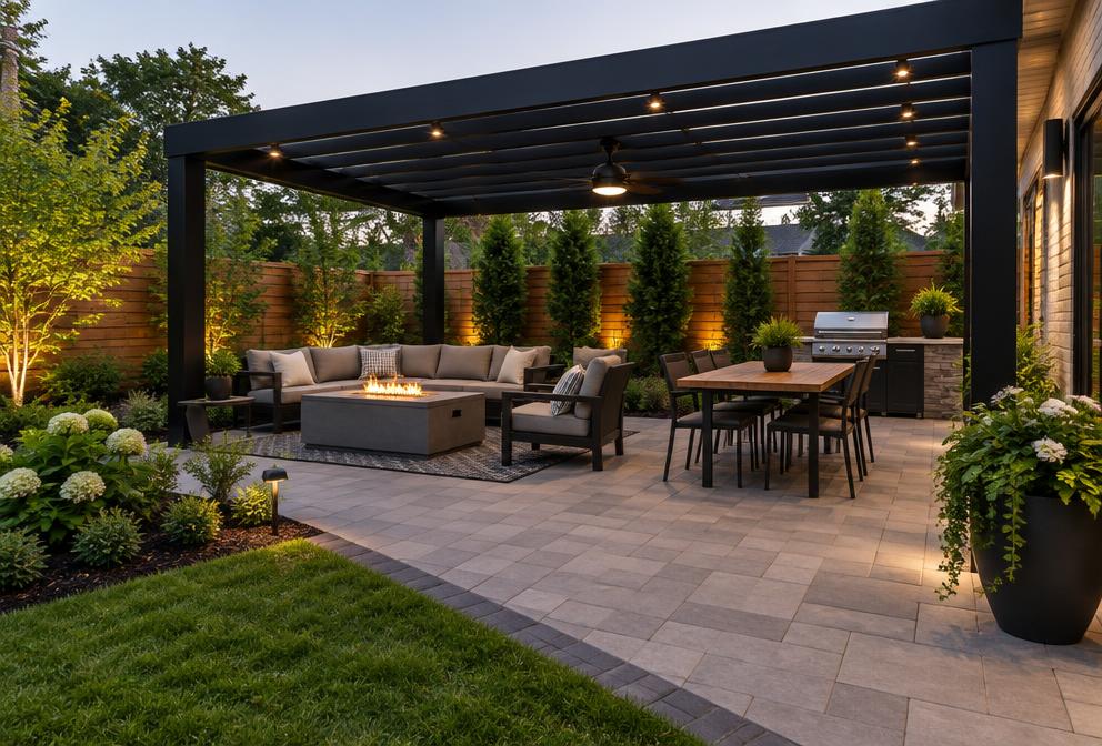 Vernieuwd terras met klinkers en zwarte pergola